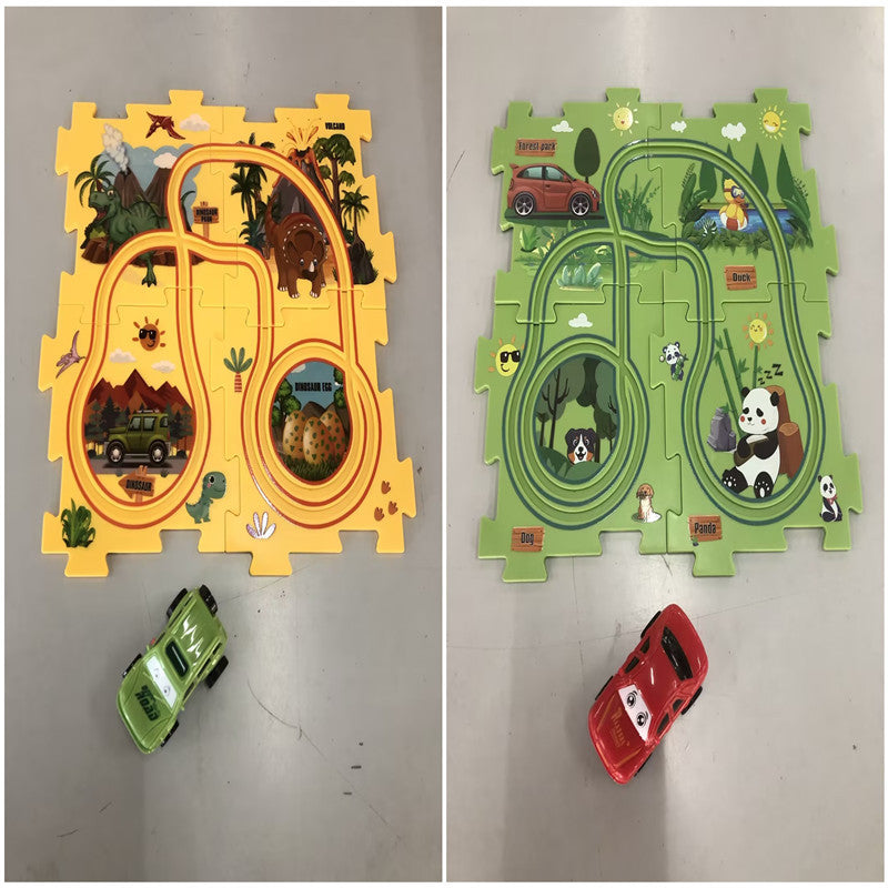 Puzzle infantil de comboio elétrico, brinquedo educativo para montar, com carro elétrico automático, cenário de cidade e carris.