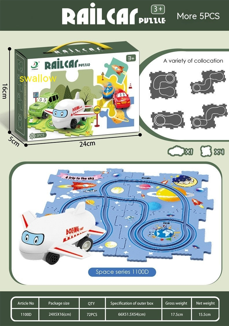 Puzzle infantil de comboio elétrico, brinquedo educativo para montar, com carro elétrico automático, cenário de cidade e carris.