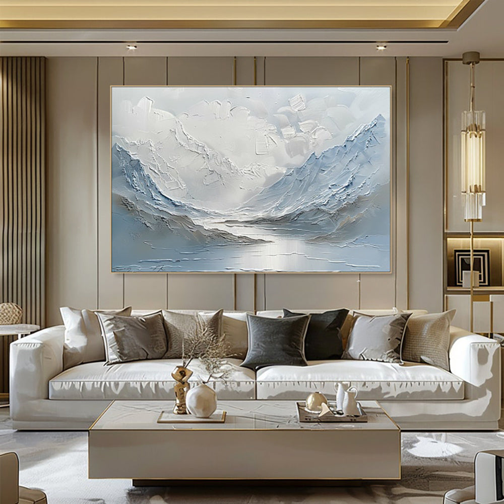 Paysage de montagne et de lac bleu clair et blanc, peint à la main sur une toile épaisse, art mural abstrait à l'huile, peint à la main, pour la décoration intérieure.