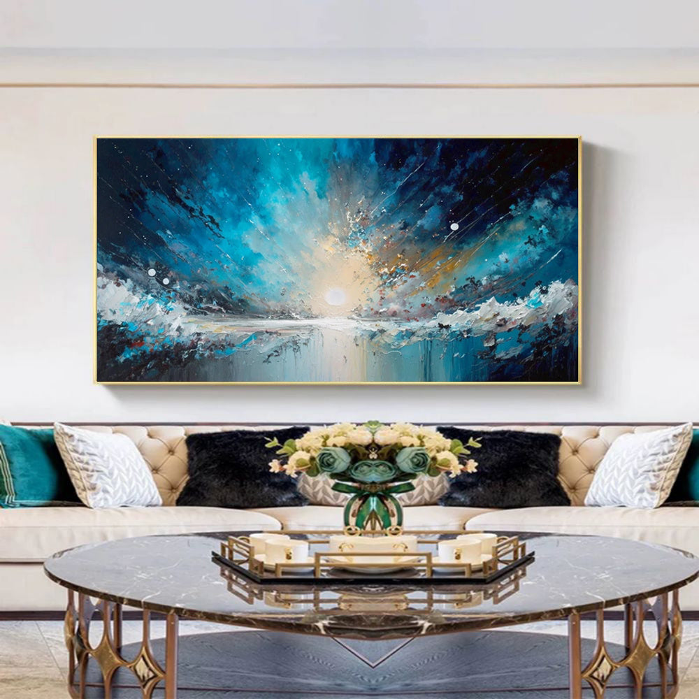 Handmade Oil Painting Canvas Wall Art Decoration Abstract Blue Starry Sky Ocean  Artwork For Home Living Room Decor Rolled Frameless Unstretched Painting