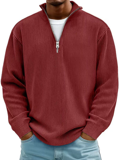 Corduroy Zipper Stand Collar Sweatshirt Fashion Warm Solid Color Long Sleeve Top Men's Casual Polo Shirt Clothing