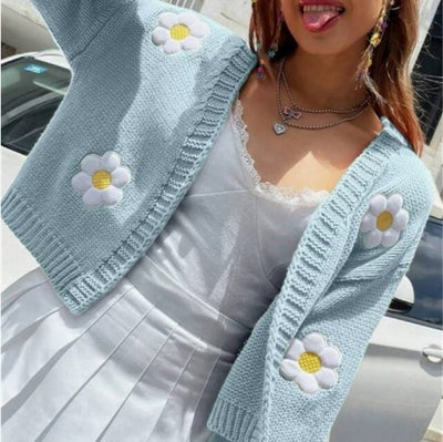 Flowers Print Knitted Cardigan Sweater