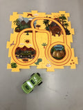 Puzzle infantil de comboio elétrico, brinquedo educativo para montar, com carro elétrico automático, cenário de cidade e carris.