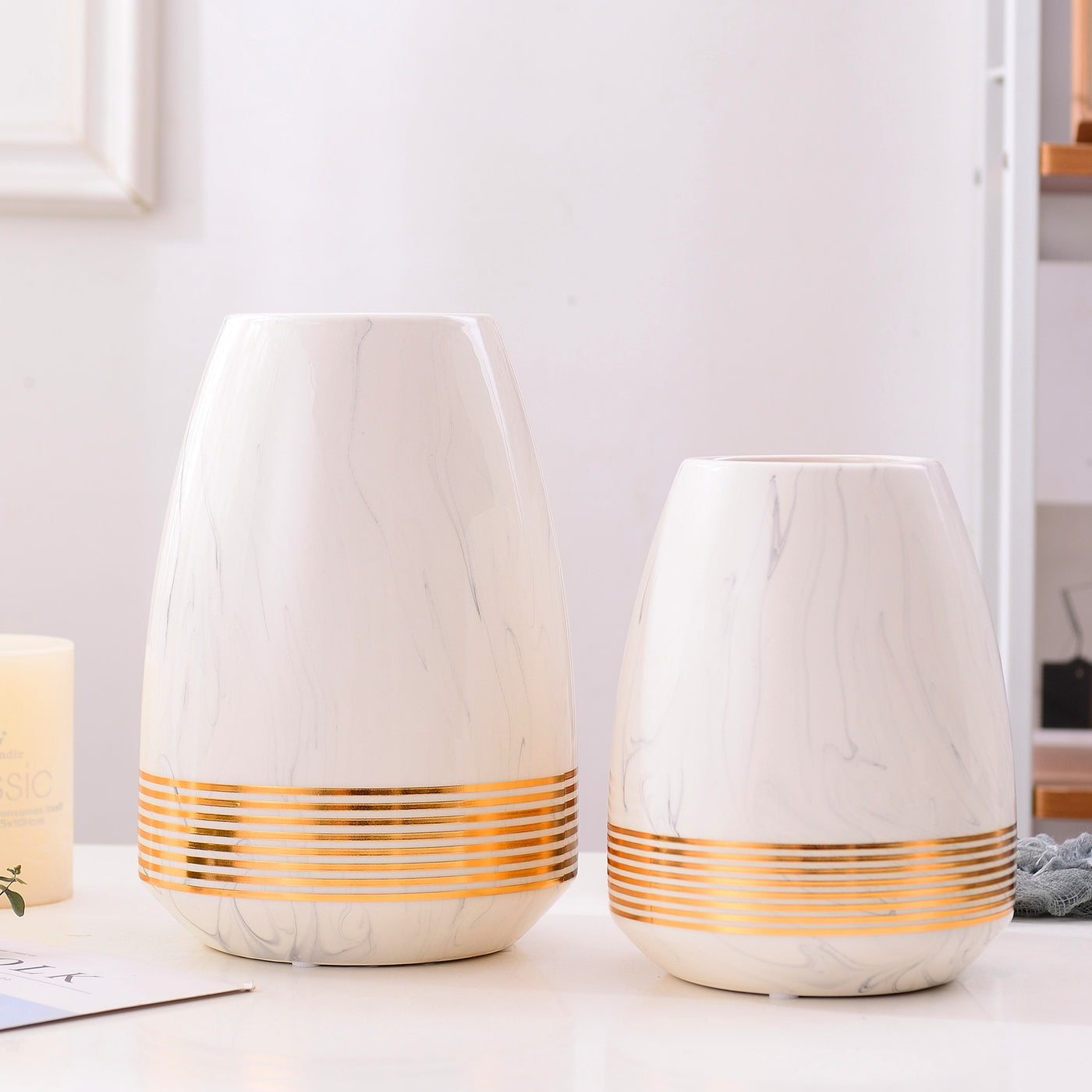 Marbled Cearamic Vase Golden Circle Flower Vase Water Planting Container Home Decorative Wedding Gift