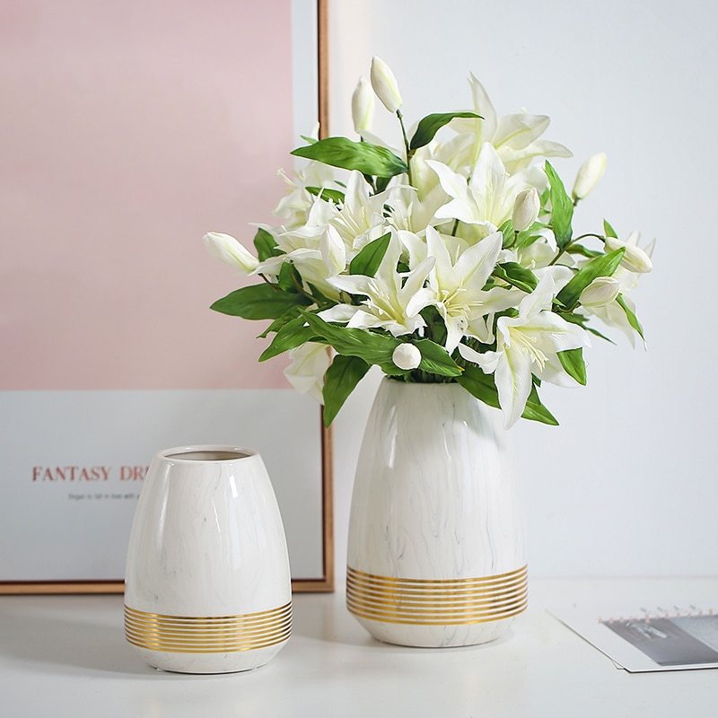 Marbled Cearamic Vase Golden Circle Flower Vase Water Planting Container Home Decorative Wedding Gift