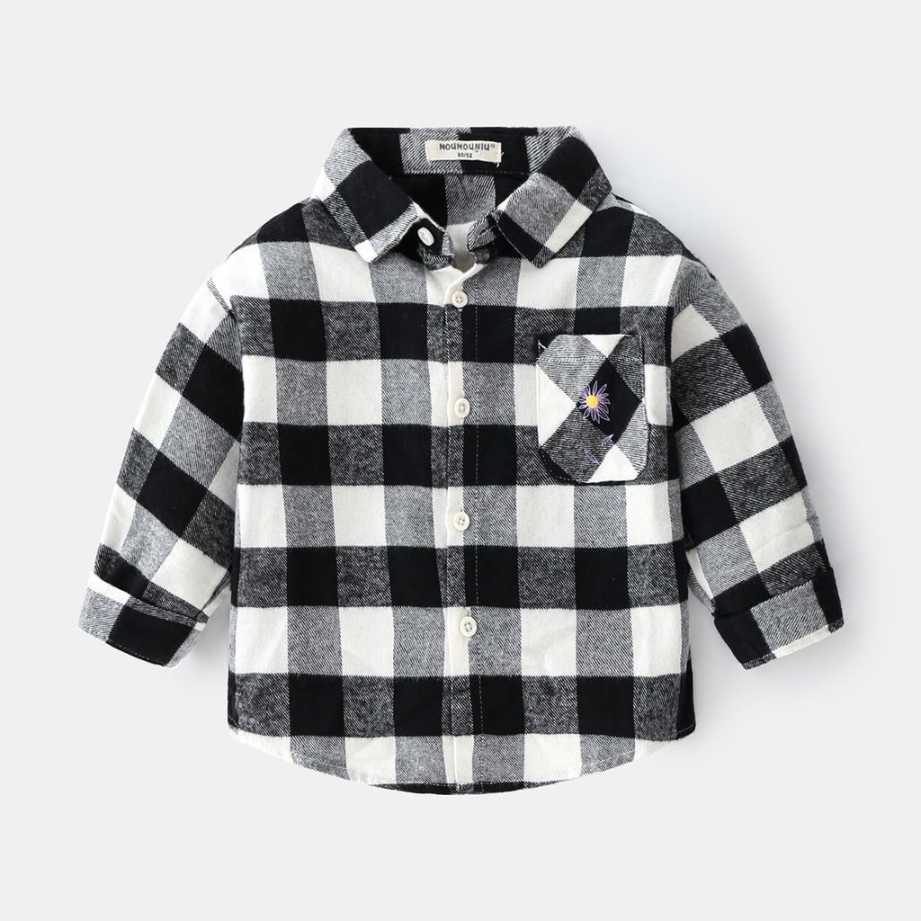 Boys new plaid car lapel long sleeve shirt
