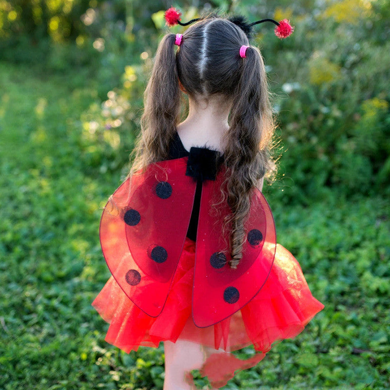 Seven Star Ladybug Wings Girl Children's Two-Piece Performance Costume Red Black Gold Powder Back Wing Performance Props