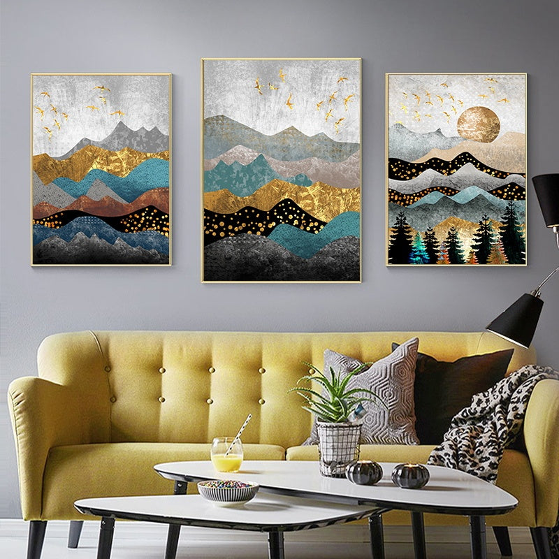 Pintura moderna de paisagem com sol na floresta sobre tela, mural de alta definição com impressão a jato de tinta, pintura decorativa.