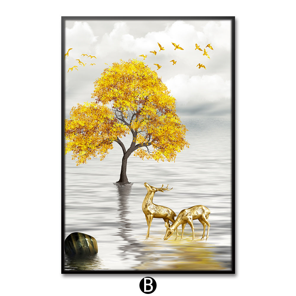 Golden Deer Tree Canvas Printmaking Wall Poster