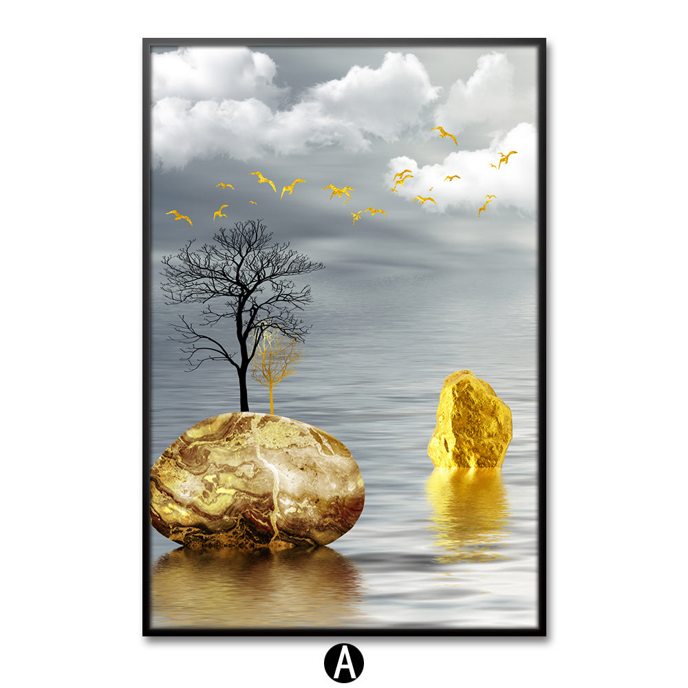 Golden Deer Tree Canvas Printmaking Wall Poster