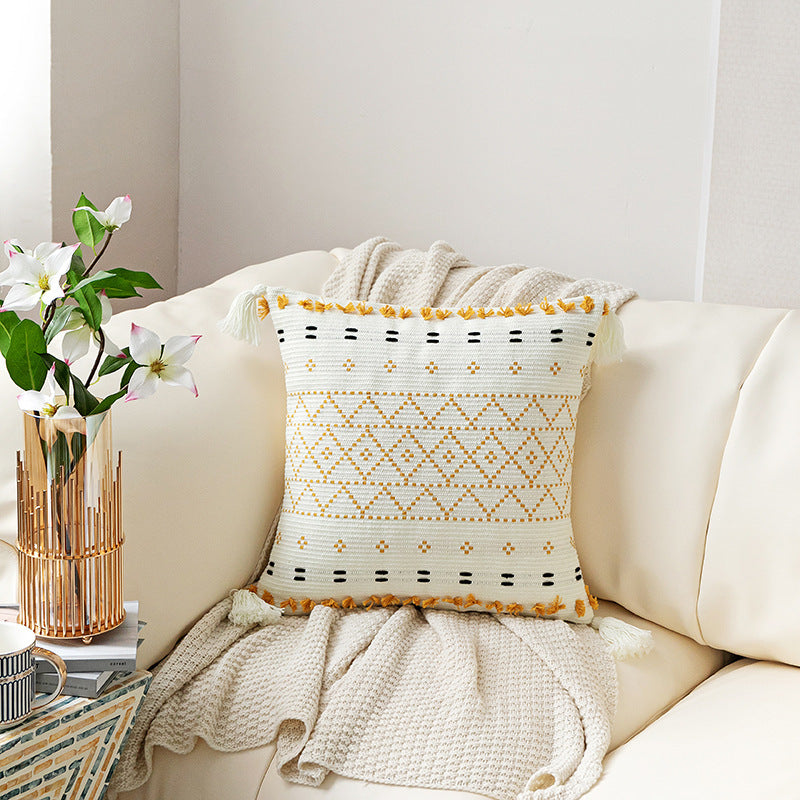 Coussin décoratif capitonné brodé à la main, coussin à franges, taie d'oreiller