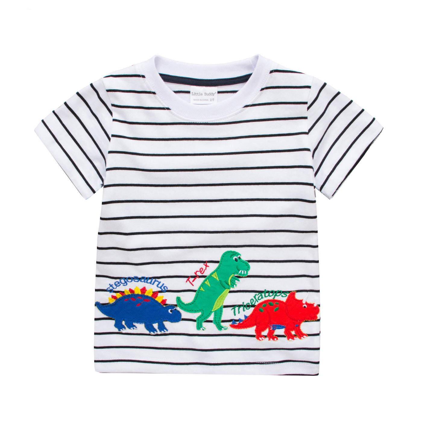 T-shirt infantil de manga curta com estampado de dinossauro às riscas