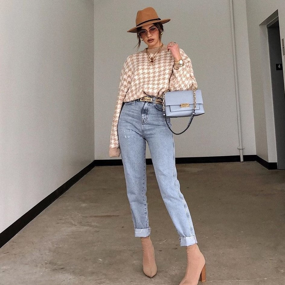 Houndstooth knit casual retro pullover sweater