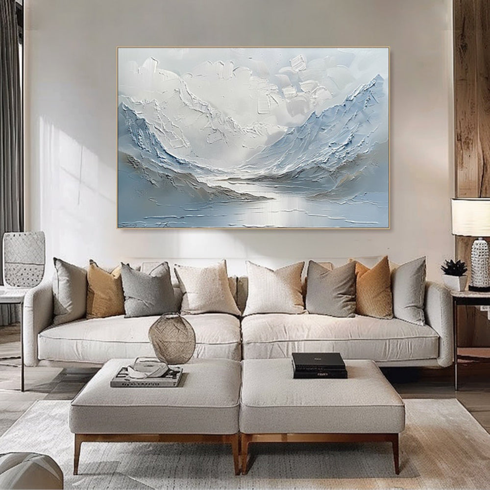 Paysage de montagne et de lac bleu clair et blanc, peint à la main sur une toile épaisse, art mural abstrait à l'huile, peint à la main, pour la décoration intérieure.