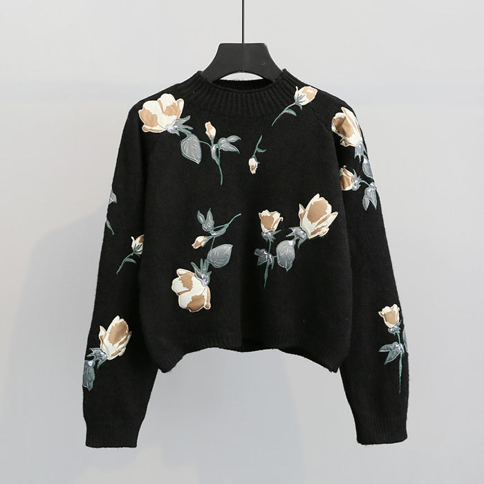 Embroidered flowers small  pullover sweater