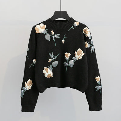 Embroidered flowers small  pullover sweater