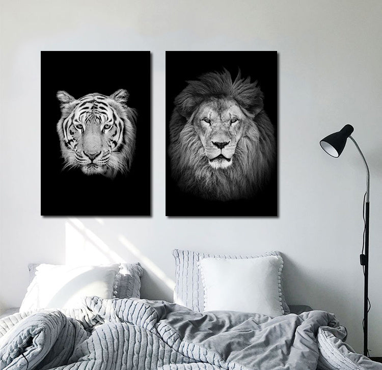 Black And White Animals Tiger And Lion Wall Art Canvas Print Poster