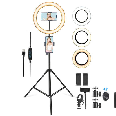 LED Ring Light With Phone Tripod Stand Kit showcasing adjustable features, perfect for selfies and live streaming.