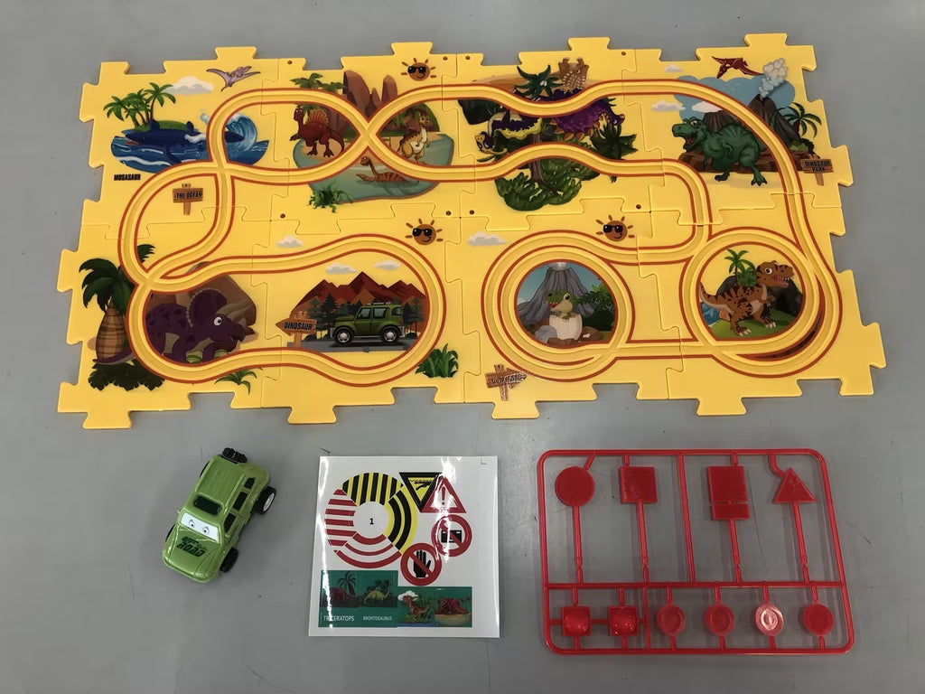 Puzzle infantil de comboio elétrico, brinquedo educativo para montar, com carro elétrico automático, cenário de cidade e carris.