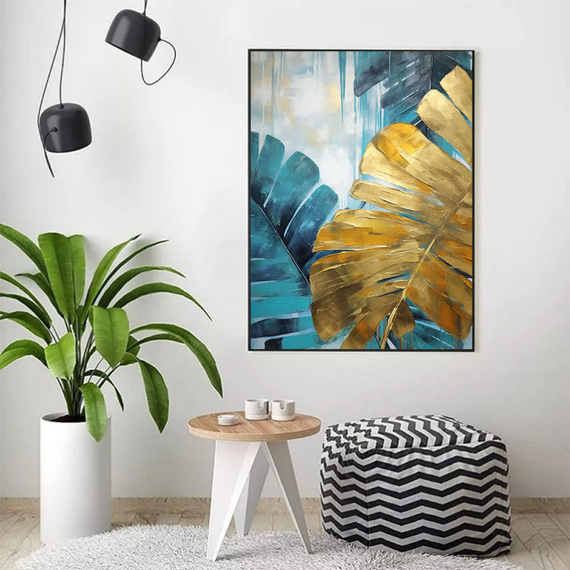 Pintura a óleo artesanal sobre tela, decoração de parede com grandes folhas de bananeira verdes e douradas. Ideal para decoração de casa. Pintura enrolada, sem moldura e sem esticar.
