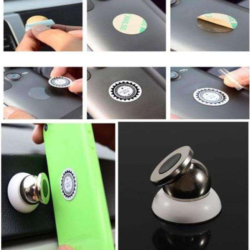 Magnetic Car Cell Phone Holder Mount Dash 360 Rotating For iPhone GPS installation steps with strong adhesive.