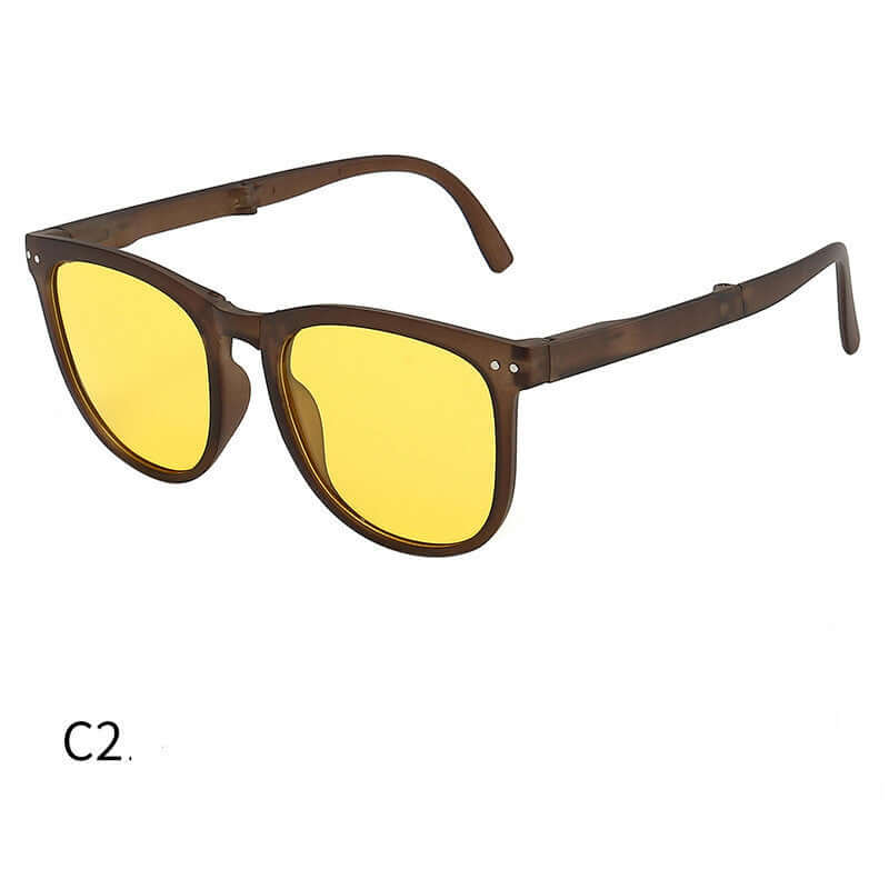 Trendy Foldable Sunglasses For Women TR Polarized Folding Sun Glasses with yellow lenses and brown frame.