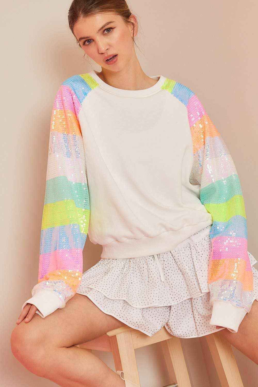 Color Block Sequin Sleeves French Terry Top