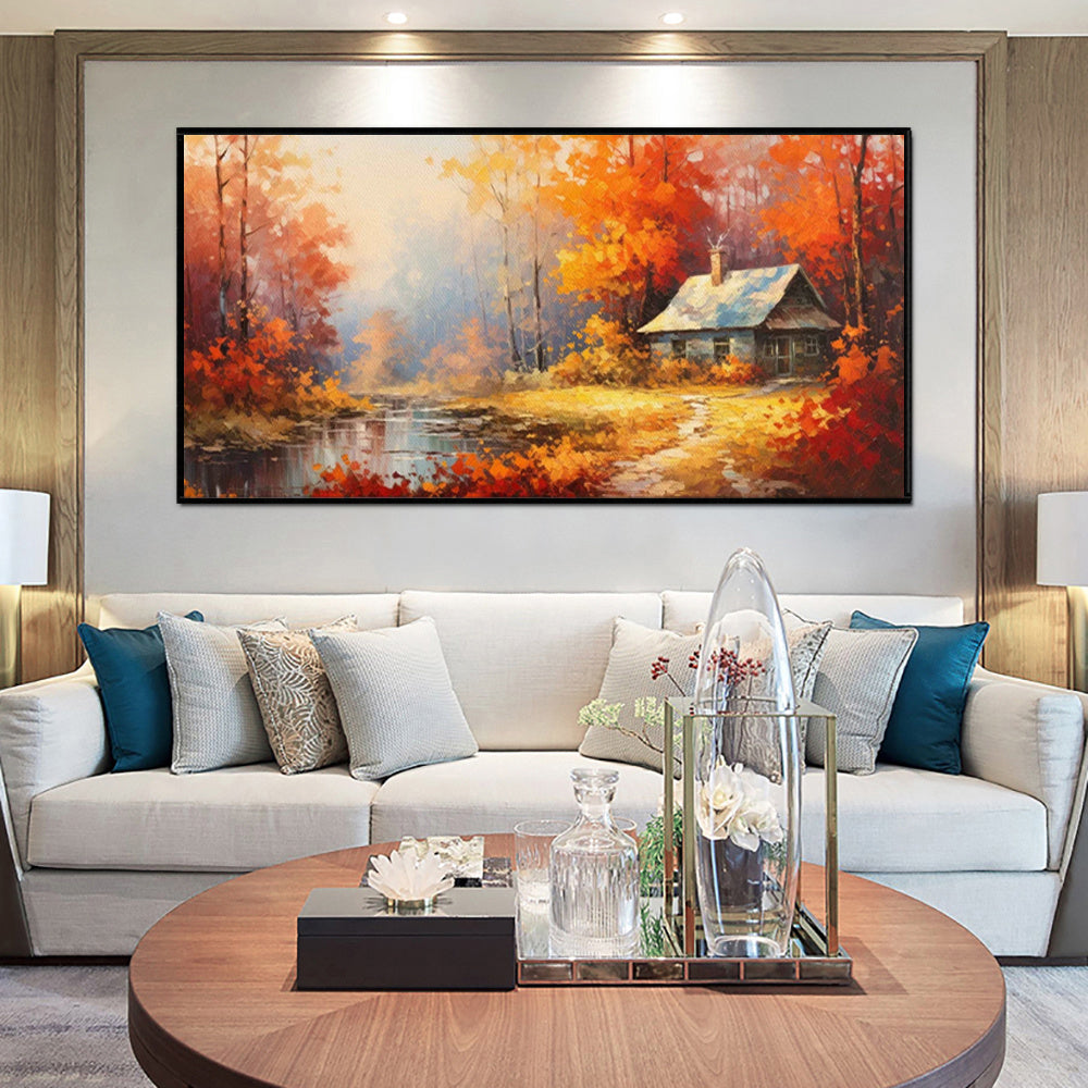 Pintura a óleo artesanal sobre tela para decoração de parede, com árvores em tons de vermelho e laranja, representando uma paisagem rural numa casa de campo. Ideal para decoração de ambientes. Pintura enrolada, sem moldura e sem esticar.