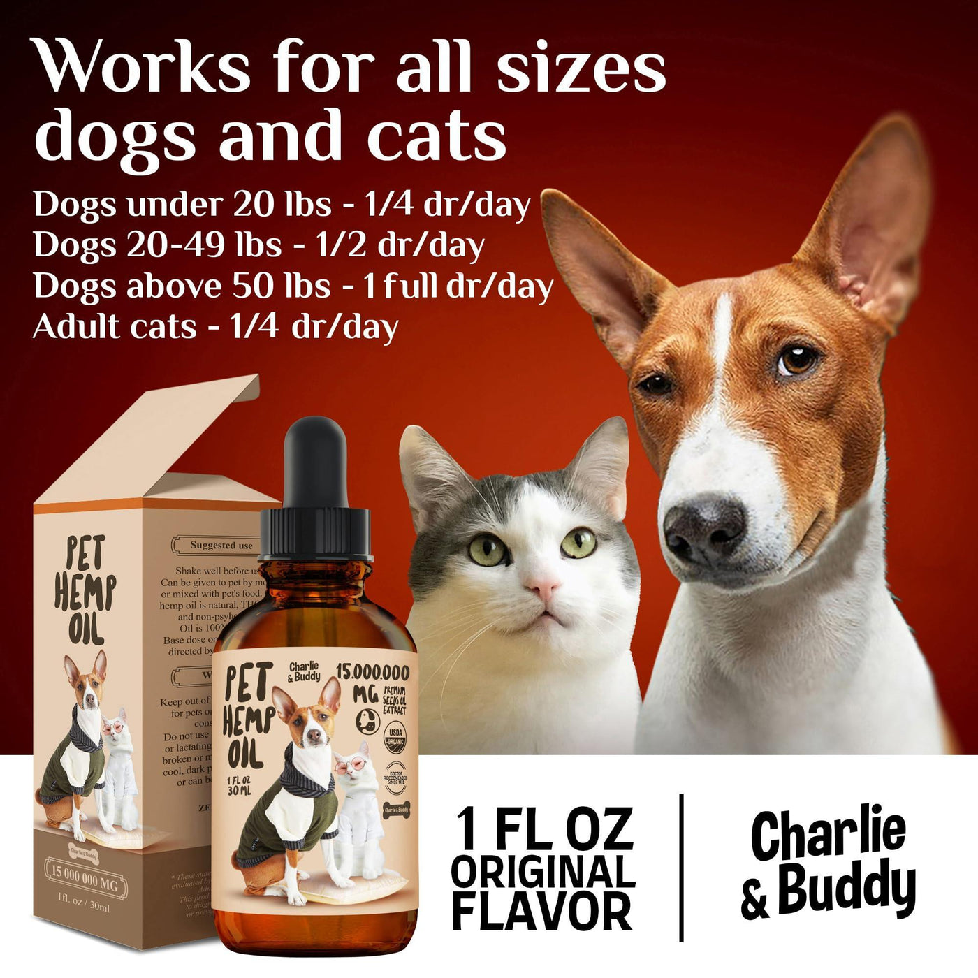 Hemp oil for dogs and cats in a bottle with dosage instructions for different pet sizes.