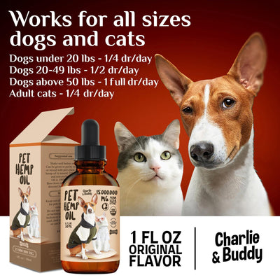 Hemp oil for dogs and cats in a bottle with dosage instructions for different pet sizes.