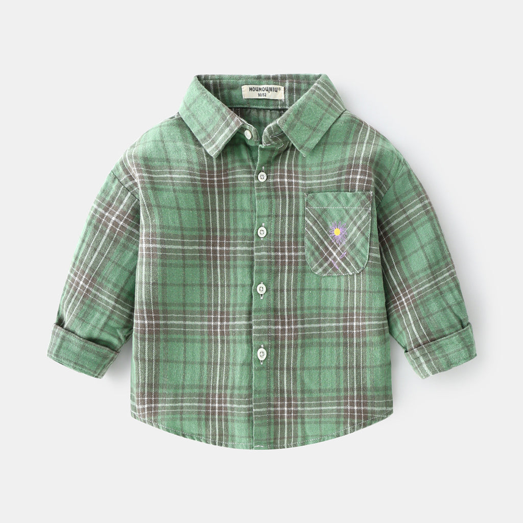 Boys new plaid car lapel long sleeve shirt