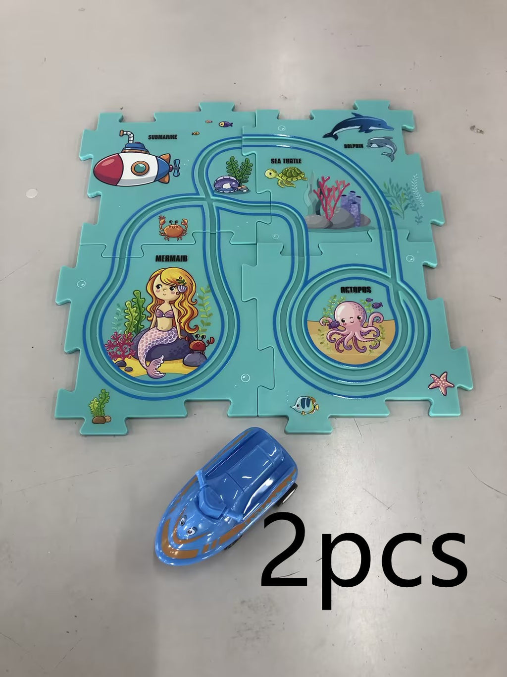 Puzzle infantil de comboio elétrico, brinquedo educativo para montar, com carro elétrico automático, cenário de cidade e carris.