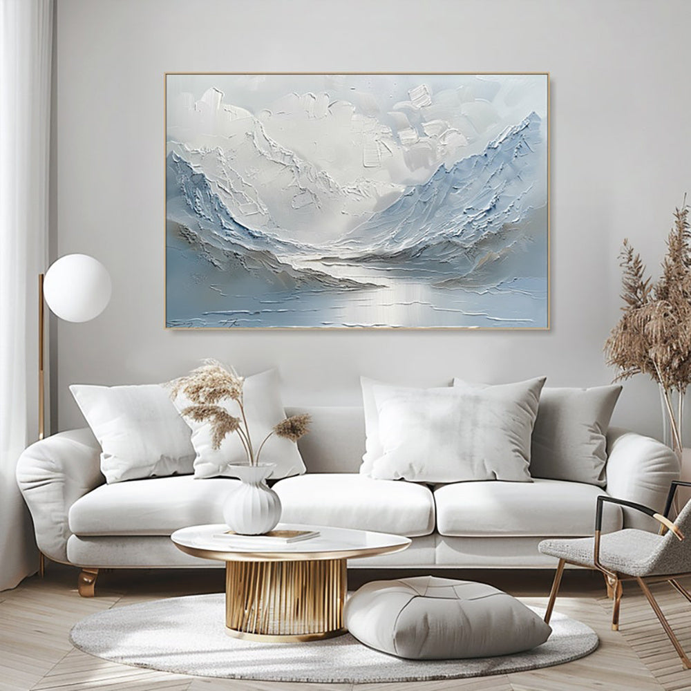 Light Blue And White Mountain And Lake Scenery Knife Thick Canvas Wall Art Handpainted New Abstract Oil Painting For Home Decor