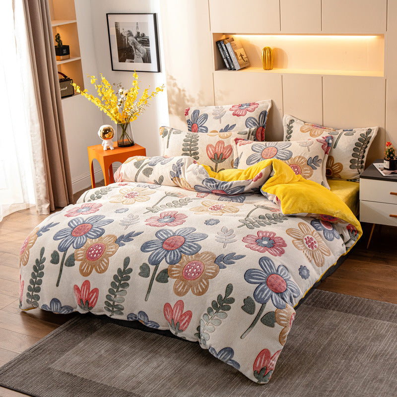 Parure de lit quatre pièces avec draps en velours pour rester au chaud (velours laiteux)