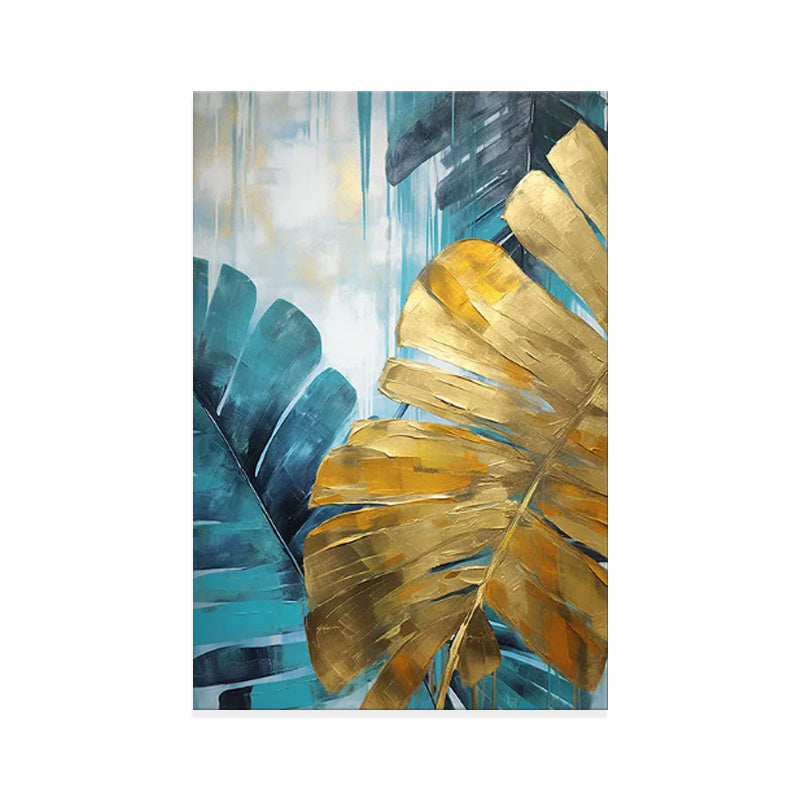 Pintura a óleo artesanal sobre tela, decoração de parede com grandes folhas de bananeira verdes e douradas. Ideal para decoração de casa. Pintura enrolada, sem moldura e sem esticar.