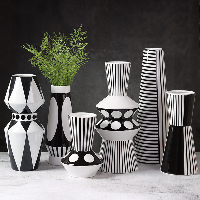 Black And White Striped Geometric Ceramic Vase Flower Ornaments
