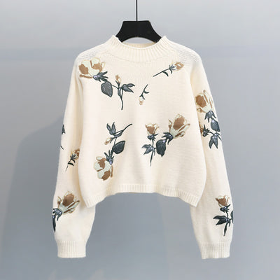 Embroidered flowers small  pullover sweater