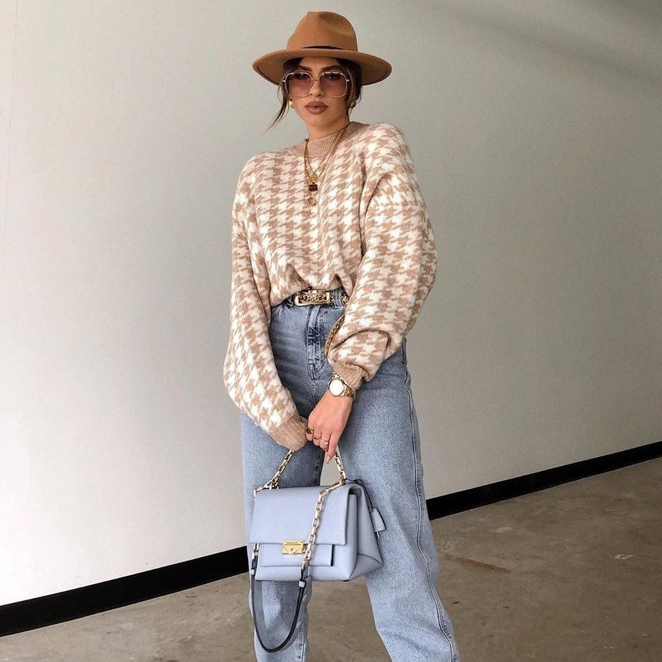 Houndstooth knit casual retro pullover sweater