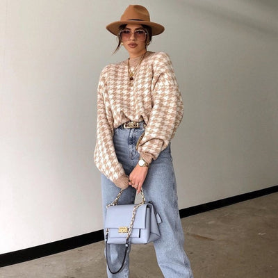 Houndstooth knit casual retro pullover sweater