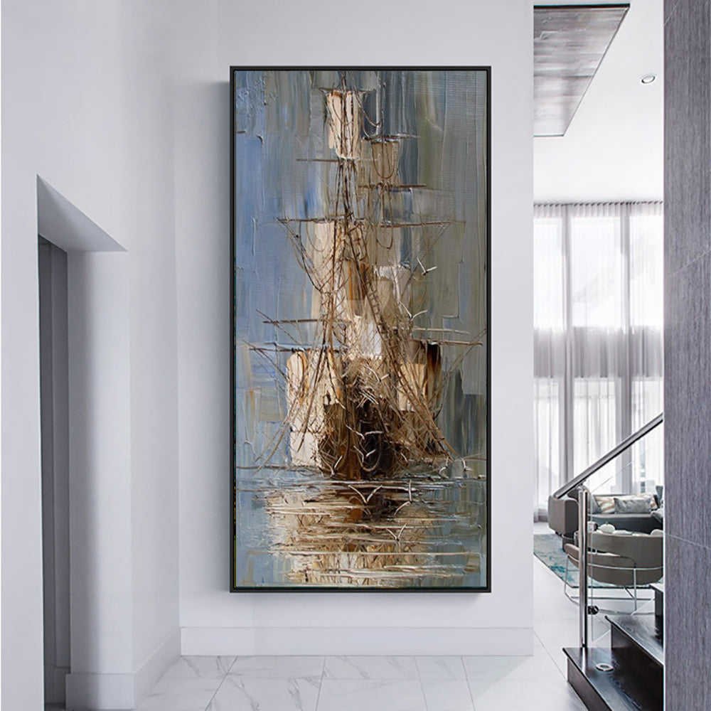 Tableau sur toile représentant un voilier pirate vintage en mer, peint à l'huile à la main, représentant un voilier noir. Décoration murale pour salon.