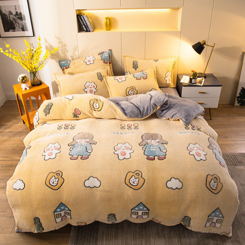 Parure de lit quatre pièces avec draps en velours pour rester au chaud (velours laiteux)
