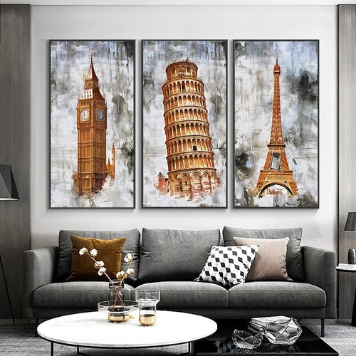 Pintura em tela com paisagem retro de torre dourada para quarto