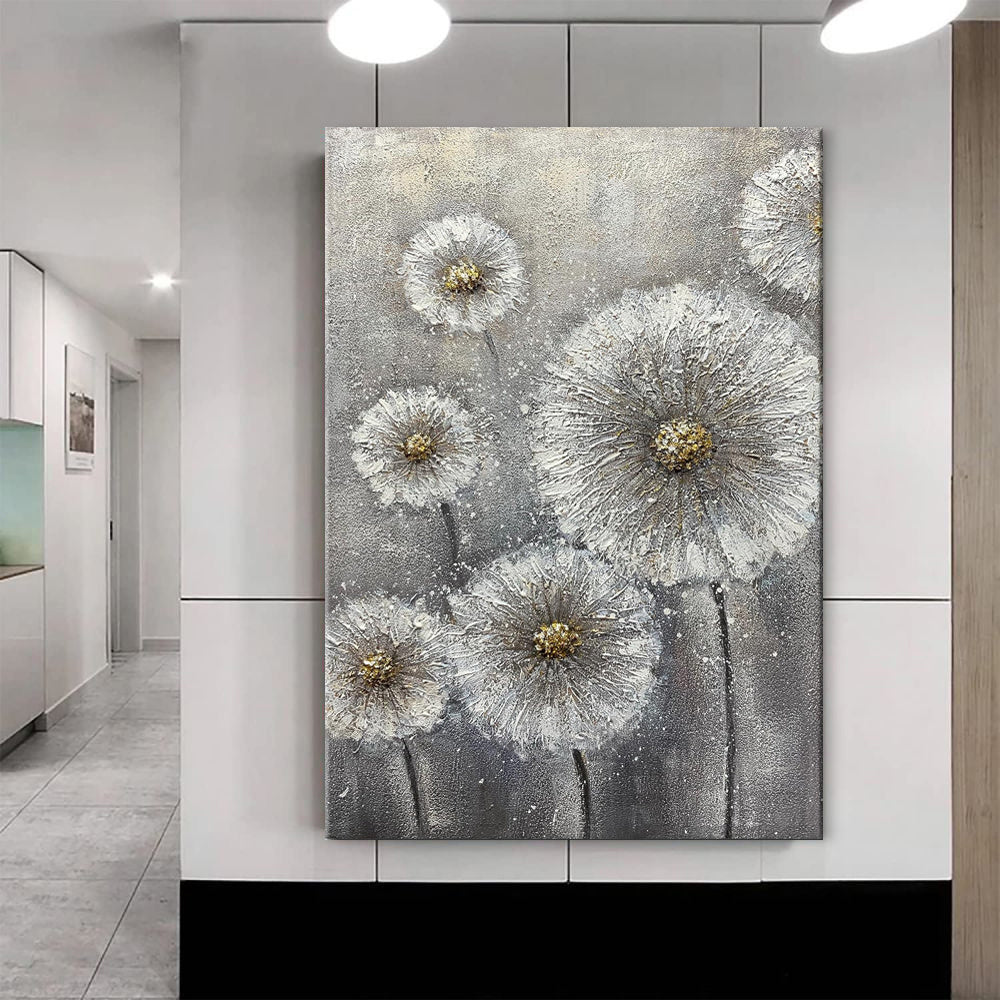 Peinture à l'huile sur toile grise, grande taille, avec une texture authentique et des fleurs blanches, réalisée à la main. Décoration murale idéale pour la maison ou à offrir.