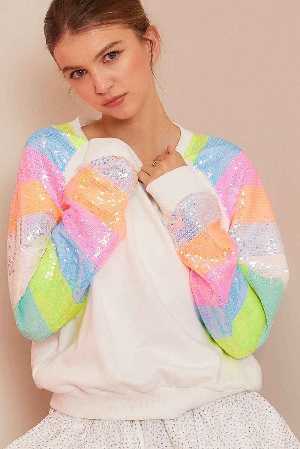 Color Block Sequin Sleeves French Terry Top
