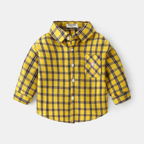 Camisa de manga comprida xadrez para criança com lapela.
