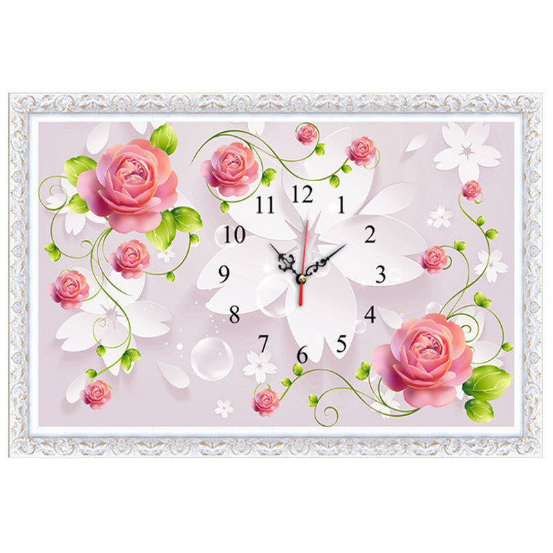 Relógio de parede totalmente cravejado de diamantes, relógio com flor rosa, pintura de diamantes.