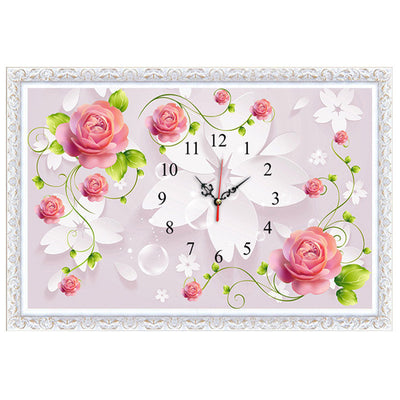 Relógio de parede totalmente cravejado de diamantes, relógio com flor rosa, pintura de diamantes.