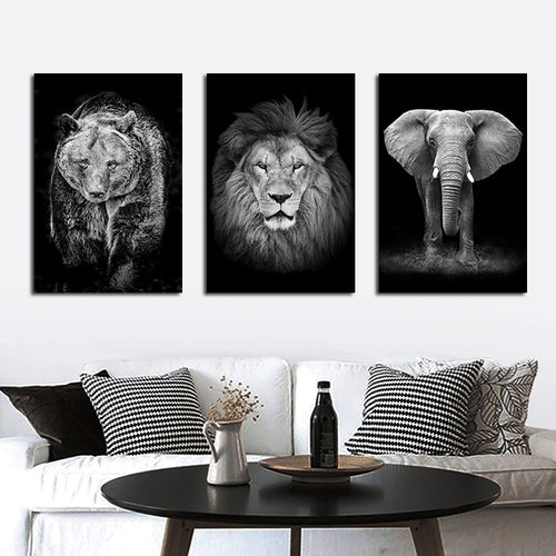 Affiche sur toile imprimée représentant un tigre et un lion en noir et blanc