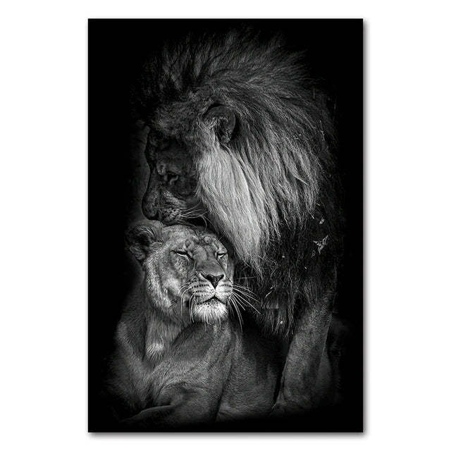 Black And White Animals Tiger And Lion Wall Art Canvas Print Poster