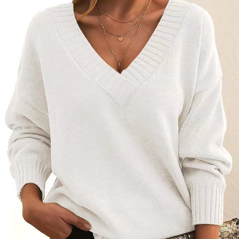Solid V-neck Sweater Fashion Loose Long-sleeved Knitted Tops Autumn And Winter Women's Clothing